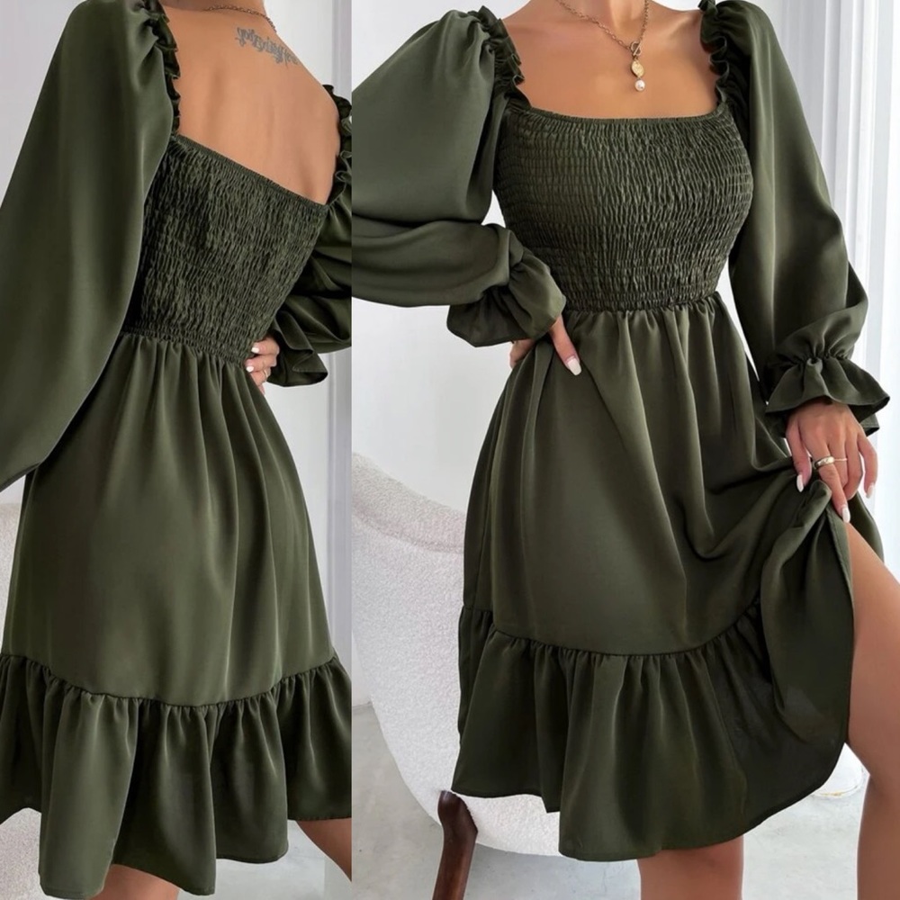 Shirred bust square neck long sleeve mini dress ruffle boho gypsy camel brown - Picture 9 of 11